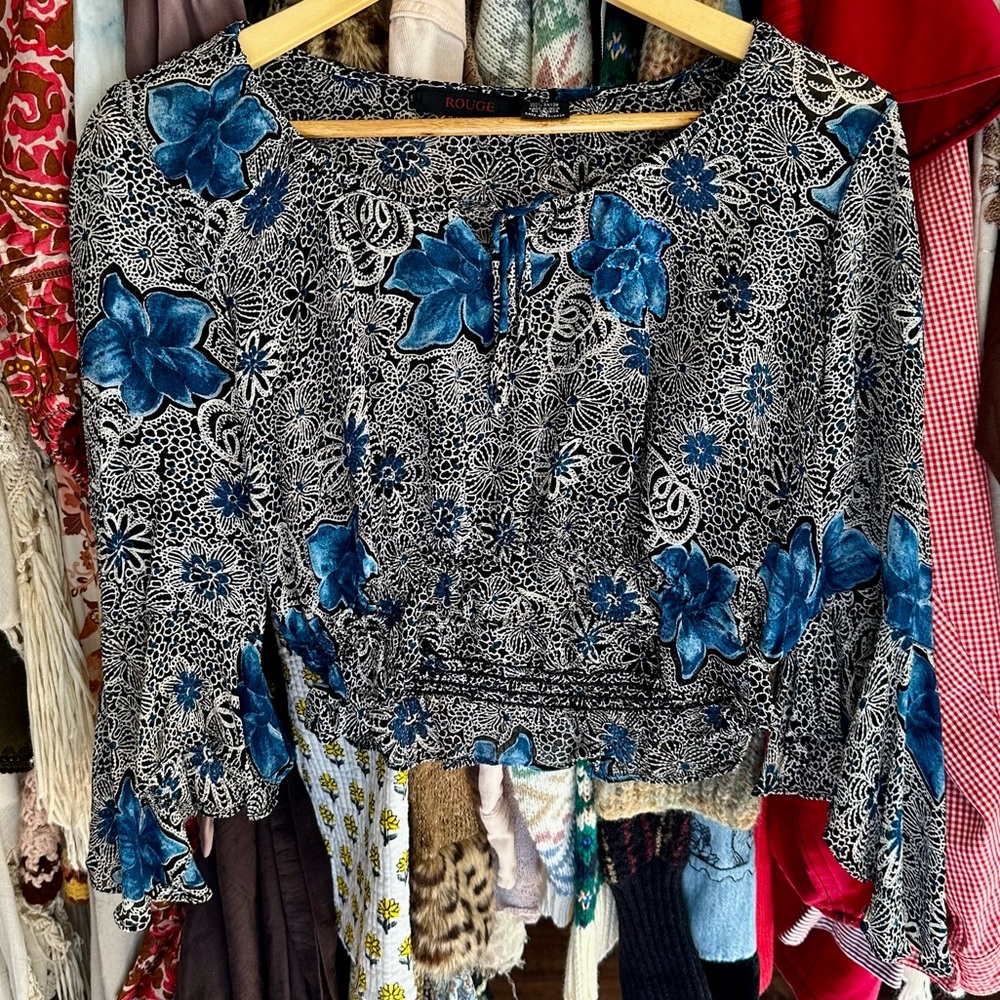 Rouge Blue Velvet Flocked Floral Boho Peasant Top | 100% Rayon | Cottagecore